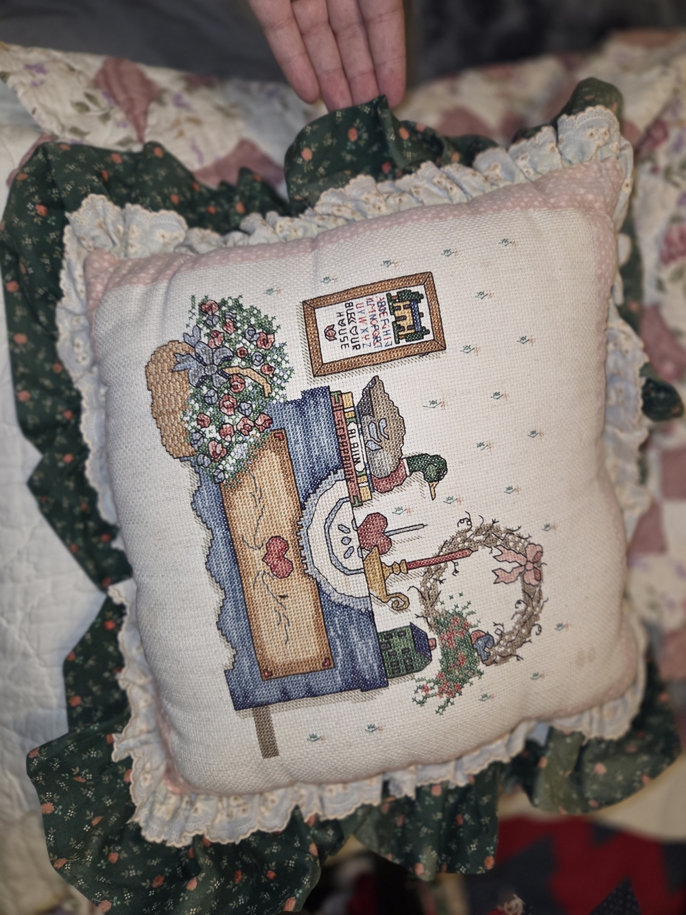 Handcrafted Green Ruffle Cross-Stitch Decorative Pillow